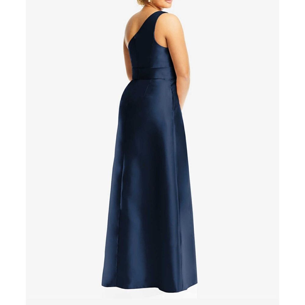 Alfred Sung Draped One Shoulder Satin Maxi Dress in Midnight Navy Blue Sz 2 D815 - Picture 2 of 9